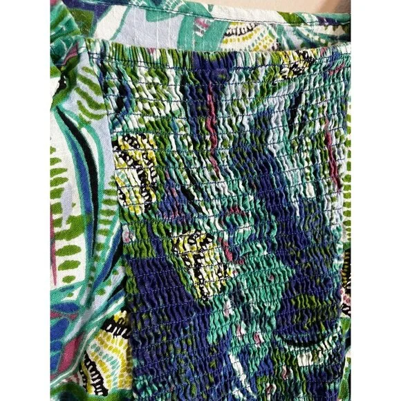 Colorful Floral Milkmaid Dress Blue L Tropical Summer Smock Preppy Artsy Chic - Picture 8 of 9